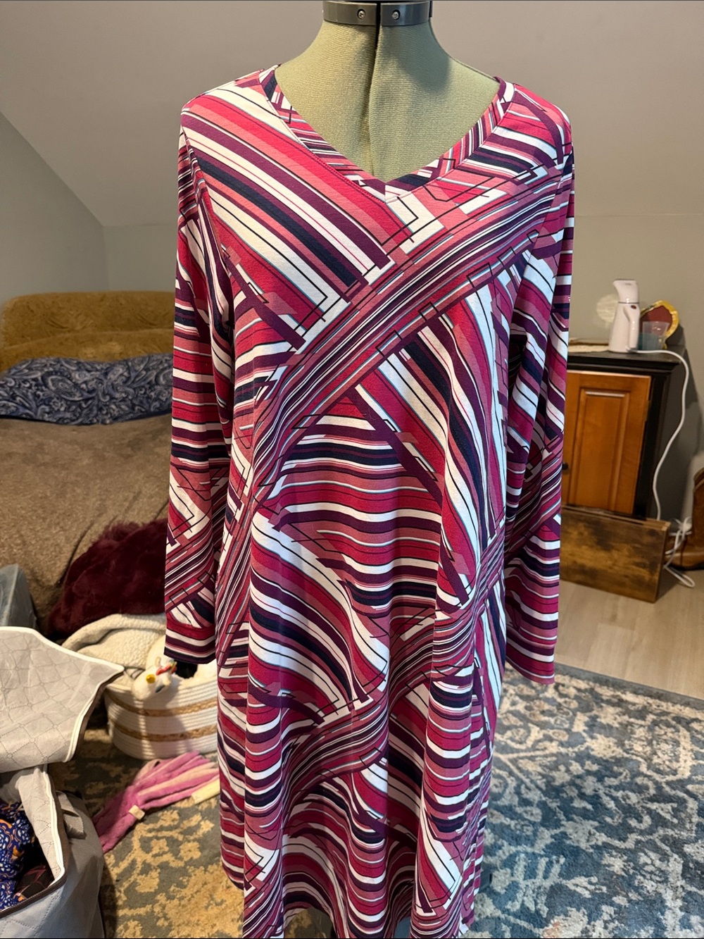 LuLaRoe Emily Long Sleeve V-Neck Swing Dress in Berry and White Stripe